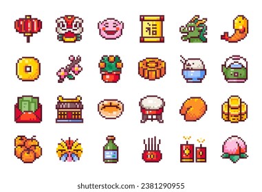 Pixel Art Chinese New Year Icons. 8 bit style stickers of Pixelated Lunar Festival Celebration - Red Paper Lantern, Dragon, Scroll, Coin, Holiday Mandarin Tree, Red Envelope Gift Money, Food, Temple.