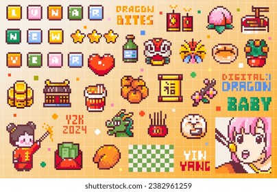 Pixel Art for Chinese New Year and Lunar New Year. Set of 8bit Game Elements - Dragon, Food, Blessing, Traditional Costume, Incense, Fireworks, Temeple, Mandarins, Flowers. Vector Y2k Cute Stickers.