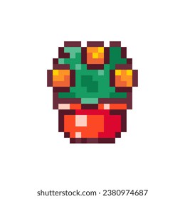 Pixel Art Chinese Orange Mandarin Tree in a Pot. Retro 8 bit Style Lunar Tangerine Fruit Illustration. Ideal for Sticker, Retro Decorative Element, Game Asset, Emoji, Patch, Avatar.	