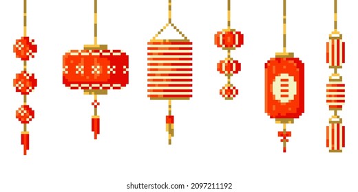 Pixel art Chinese ornaments set. Vector 8 bit style collection of chinese paper lanterns and lamps. Isolated elements of retro video game computer graphic.	