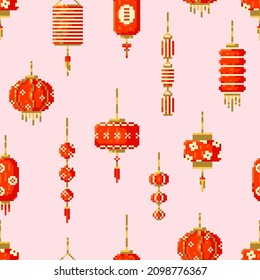 Pixel art Chinese paper lanterns seamless pattern. Lunar new year decorations with asian seamless pattern. Repeat red, pink, golden color tile. Asian backdrop or background with 8 bit lantern pattern.