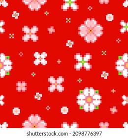 Pixel art Chinese plum flowers seamless pattern. Lunar new year gift decorations with sakura blossom seamless pattern. Repeat red color tile. Asian backdrop or background with 8 bit floral pattern.