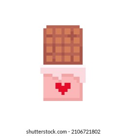 Pixel art chocolate bar illustration. Vector pixel chocolate with heart in pixelated mosaic retro game style. 8 bit vintage decor for valentine day. Pixel sweets isolated icon on white background.