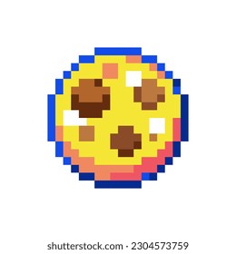 Pixel Art Chocolate Chips Cookie Sticker. 8bit retro game icon of classic pastry - cute digital art baked chocolate cookie. Vector graphic for video game, stickers or gift prints.