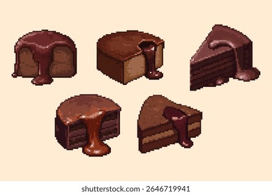 Pixel Art Chocolate Lava Cake Slice Collection Delicious Desserts. Delectable collection of five distinct pixel art chocolate cakes and slices, beautifully in a pixel art