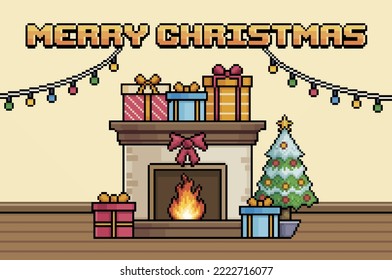 Pixel art christmas background with merry christmas text, fireplace, christmas tree and decoration vector for 8bit game