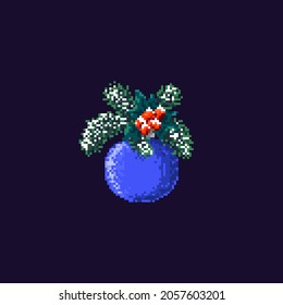 Pixel art. Christmas ball, fir trees, and holly berries. Christmas and new year composition.