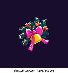 Pixel art. Christmas ball with pink bow, fir trees, and holly berries. Christmas and new year composition.