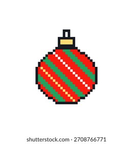 Pixel art Christmas bauble with diagonal stripped ornament. Retro 8-bit style holiday decoration featuring festive pixel graphics perfect for gaming projects and seasonal designs.