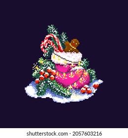 Pixel art. Christmas boot with gingerbread, fir trees, and holly berries. Christmas and new year composition.
