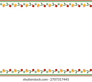 Pixel art Navidades borde y bordes sin fisuras con regalos, rosas rojas y copos de nieve. Ideal para saludos de vacaciones retro, tarjetas, volantes, empaques y diseño digital nostálgico.