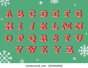 Pixel art Christmas candy cane lane uppercase alphabet lettering. 8 bit style retro font for merry Christmas and happy new year decoration. Vector red vintage red and white caramel type.