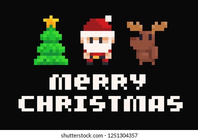 Tarjeta navideña de arte pixel con árbol, Santa, ciervo y Feliz Navidad