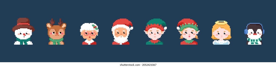 Pixel art Christmas characters icon set. Vector 8 bit style retro illustration of Christmas fantasy people like Santa, deer, elf, snowman, penguin, angel and mrs Claus. Isolated winter avatars.