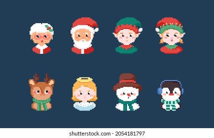 Pixel art Christmas characters icon set. Vector 8 bit style retro illustration of Christmas fantasy people like Santa, deer, elf, snowman, penguin, angel and mrs Claus. Isolated winter avatars.