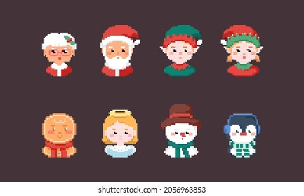 Pixel art Christmas characters icon set. Vector 8 bit style retro illustration of Christmas fantasy people like Santa, cookie man, elf, snowman, penguin, angel and mrs Claus. Isolated winter avatars.
