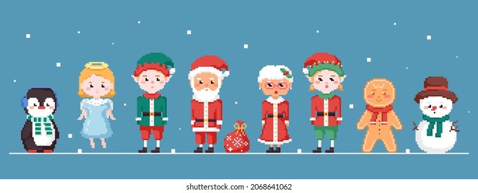 Pixel art Christmas characters icon set. Vector 8 bit style retro illustration of Santa Claus, Gingerbread cookie, elf, snowman, penguin, angel and mrs Claus. Isolated winter avatars clipart set.