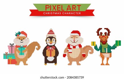 Pixel Art Christmas Characters Like As Cartoon Reindeer, Penguin, Squirrel With Gift Boxes On White Background.