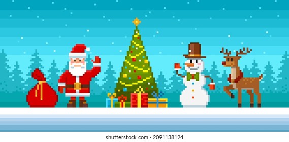 Pixel Art Christmas composition with Santa, deer, snowman, christmas tree, decoration elements - vector template. Cartoon Merry Christmas character in 8-bit style