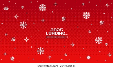 Pixel art christmas decoration background. 8 bit game style abstract christmas and New Year design holiday background with snowflakes. Vector illustration