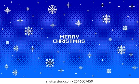 Pixel art christmas decoration background. 8 bit game style abstract christmas and New Year design holiday background with snowflakes. Vector illustration