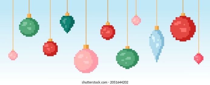 Pixel art Christmas decorations. Vector 8 bit style clipart set of Christmas bauble toys. Isolated elements of computer graphic.
