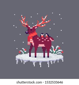 Pixel art Christmas deer and bullfinches on him. Cute greeting illustration on holidays.