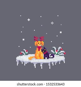 Pixel art Christmas domestic pets. Dog and cat together at winter time. Cute greeting illustration on holidays.