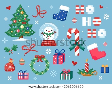 Pixel art Christmas elements clip art pack. 8 bit vintage video game style decorations set like christmas tree, socks, candy cane, gift, christmas wreath, snow globe. Vector pixel art cute stuff
 ストックフォト © 