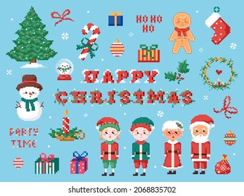 Pixel art Christmas elements clipart. 8 bit retro set of Christmas tree, candy cane, gifts, cookie man, snowman, Santa Claus, Mrs Claus granny, Christmas wreath, and other cute winter stuff. Vector.