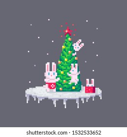 Pixel art Christmas family of rabbits. Cute greeting illustration on holidays.