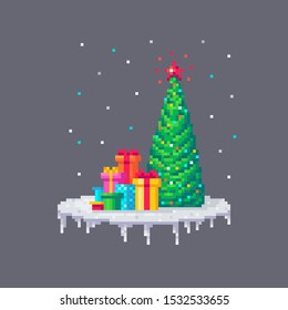 Pixel art Christmas fir tree with gifts. Cute greeting illustration on holidays.