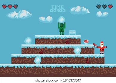 pixel art, christmas game with santa claus in retro style. Vector