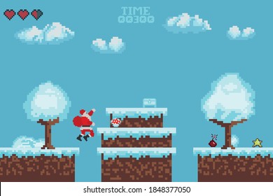 pixel art, christmas game with santa claus in retro style. Vector