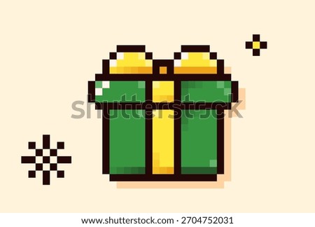 Pixel art Christmas Gift box with a bow and snowflakes.