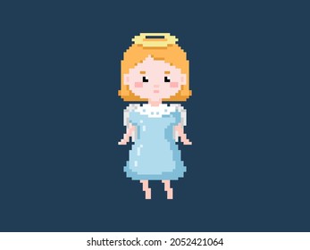 Pixel art Christmas girl angel in a blue dress with a halo nimbus. Vector 8 bit style retro illustration of winter angel girl with nimbus. Isolated winter avatar.
