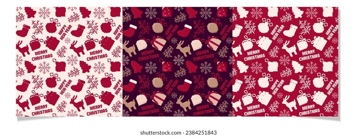 Pixel art Christmas and Happy New Year pattern set