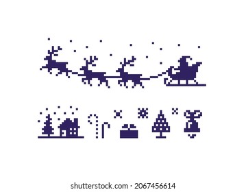 Pixel art Christmas icon set. Christmas symbols isolated on white background. Vector illustration.