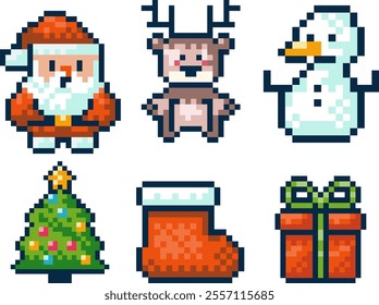 Pixel art Christmas icons including Santa Claus, reindeer, snowman, stocking, evergreen tree, and gift box. Icons for holiday designs, greeting cards, or Christmas themed digital illustrations.