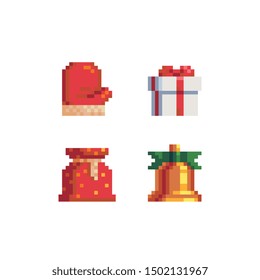 Pixel art christmas icons set, gift box, golden decorative bell, red santa bag and knitted mittens. Set of happy new year attributes. Merry christmas greeting card design. Isolated vector illustration