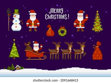 Iconos navideños de arte del piano con Santa, ciervos, muñecos de nieve, árbol de navidad, elementos de decoración - plantilla vectorial. Caricatura Feliz Navidad texto con símbolos en videojuego retro estilo 8 bits