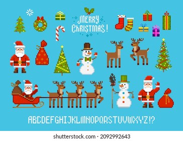 Pixel Art Christmas icons set with Santa, deers, snowman, christmas tree, decoration elements - vector template. Cartoon Merry Christmas text symbols in 8-bit style. Pixel gift box, sock, box