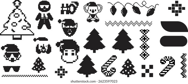 Pixel Art Christmas Icons Set Cute Holiday Animals, Trees, Candy Canes and Decorations Retro Festive Clipart
