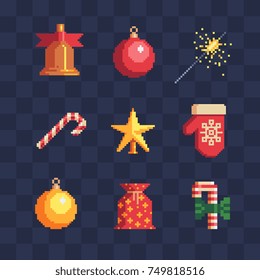 Pixel art christmas icons set. Set of happy new year attributes. Isolated vector illustration