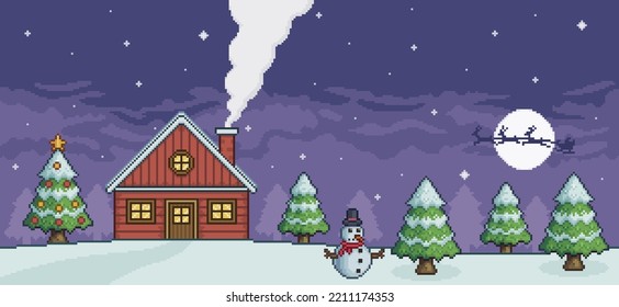 Pixel art christmas landscape at night with red house, christmas tree, snowman, santa claus, pine trees and snow 8 bit game background
