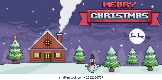 Pixel art christmas landscape at night with red house, christmas tree, snowman, santa claus, pine trees and snow 8 bit game background
