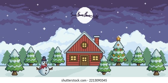 Pixel art christmas landscape at night with red house, christmas tree, snowman, santa claus, pine trees and snow 8 bit game background
