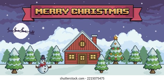 Pixel art christmas landscape at night with red house, christmas tree, snowman, santa claus, pine trees, ribbon with merry christmas 8 bit game background
