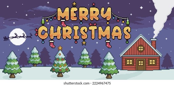 Pixel art christmas landscape, with pine trees, red house, snow and text merry christmas decorated background vector for 8bit game
