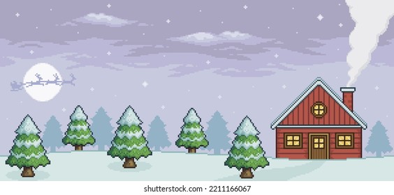 Pixel art christmas landscape with red house, pine, snow, Santa Claus 8 bit game background
